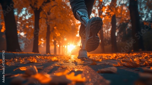 An Anonymous Disabled Man on Prosthetic Legs Pursuing Passion with a Park Jog at Sunset photo