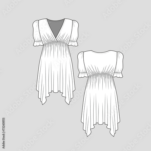 Short Sleeve Ruffles  tunic top Asymmetrical hem  v neck waist gathering Fashion cad  flat sketch template Drawing