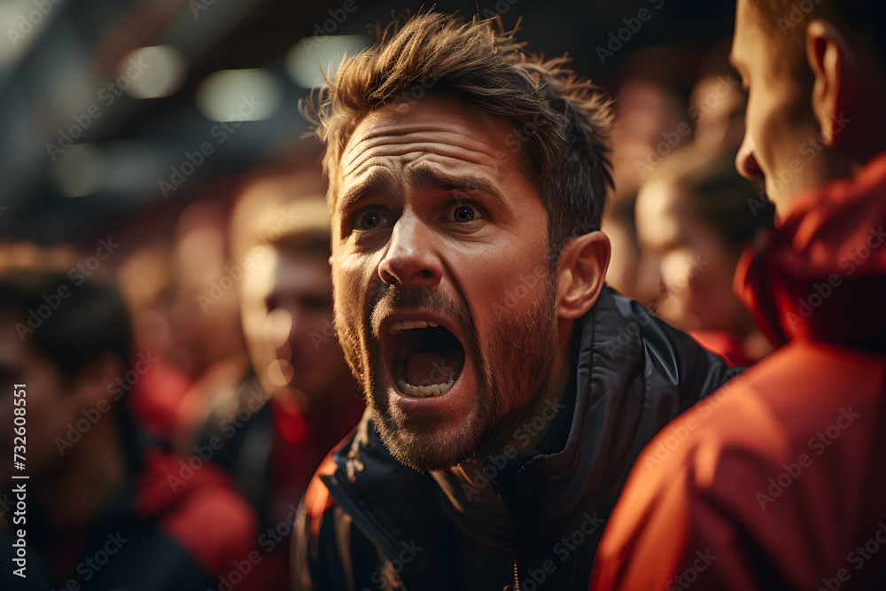 Excited football fan shouting while cheering in the stadium Excited football fan shouting while cheering in the stadium