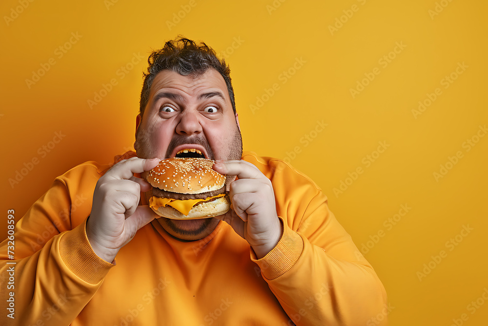 Excited fat man eat hamburger on background studio. Excited fat man eat hamburger on background studio.