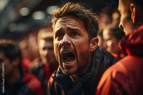 Excited football fan shouting while cheering in the stadium