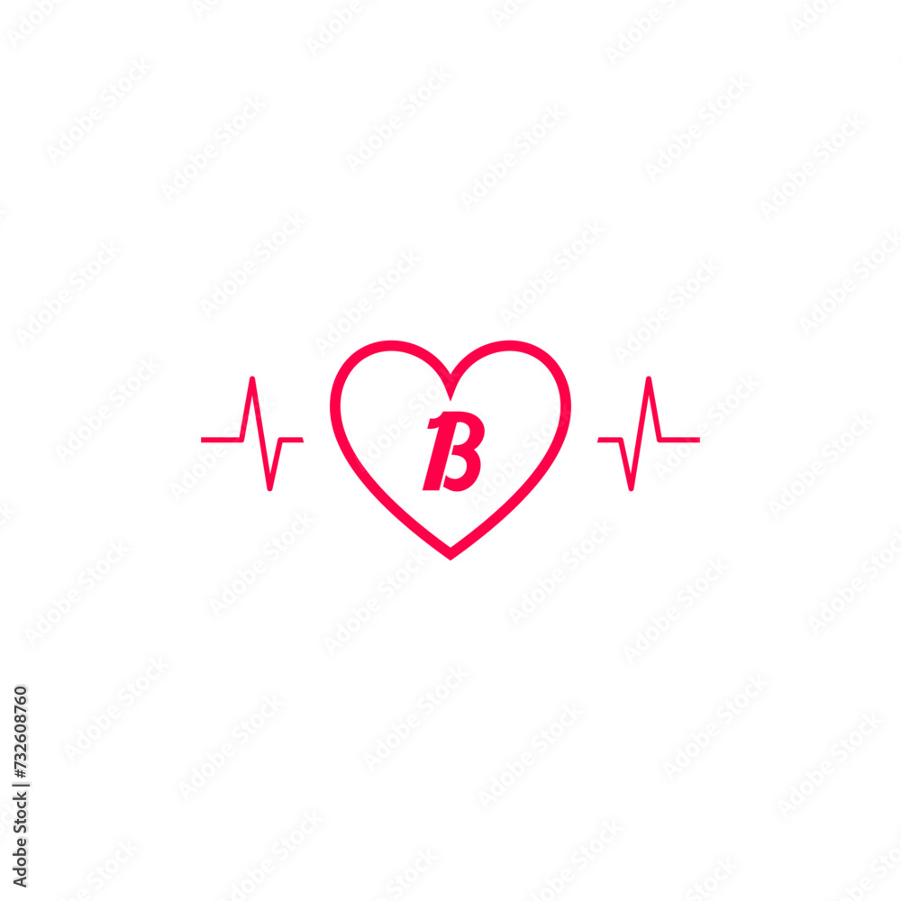 Letter B initial logo in a heart icon with a pulse wave