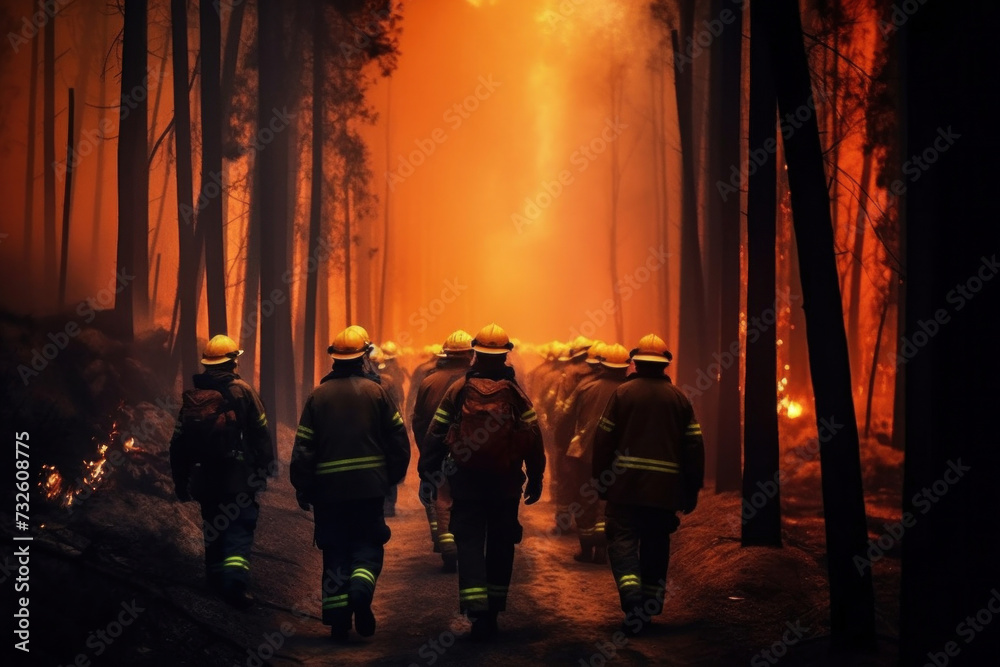 Naklejka premium Burning forest, Firefighters gets ready to work in the middle of a burning forest.
