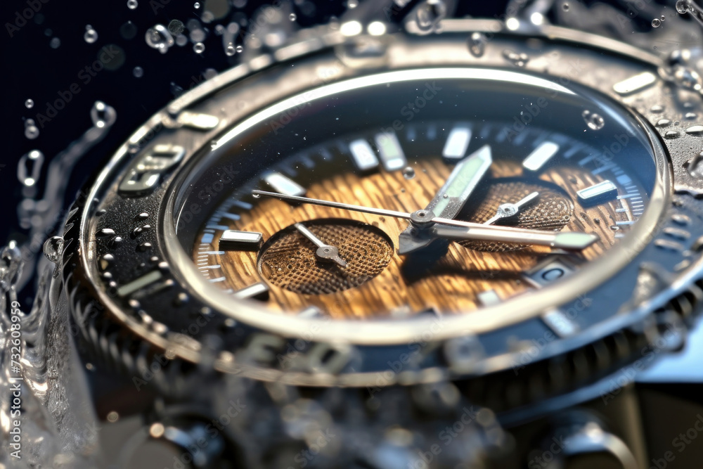 Close up of a Beautiful luxury fashionable silver men's watch with splashes of water