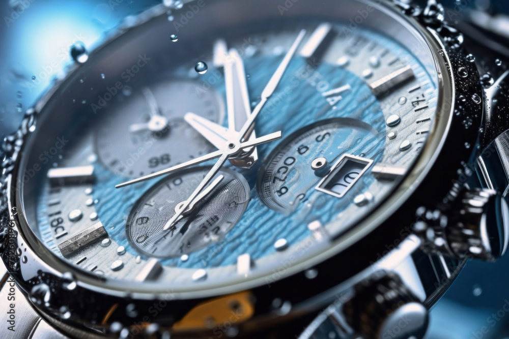 Close up of a Beautiful luxury fashionable silver men's watch with splashes of water Close up of a Beautiful luxury fashionable silver men's watch with splashes of water
