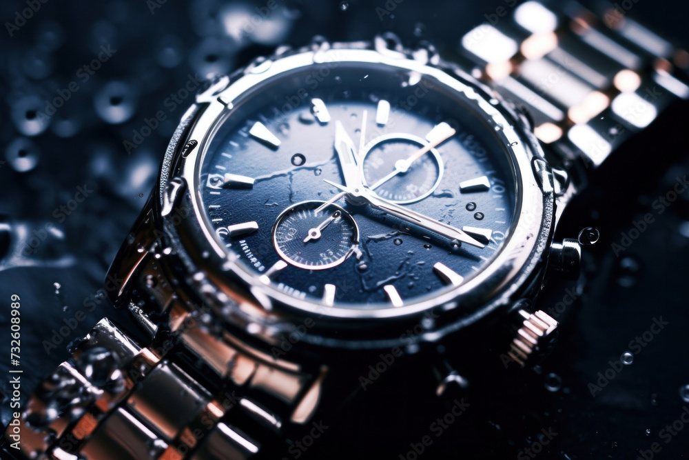 Fototapeta premium Close up of a Beautiful luxury fashionable silver men's watch with splashes of water