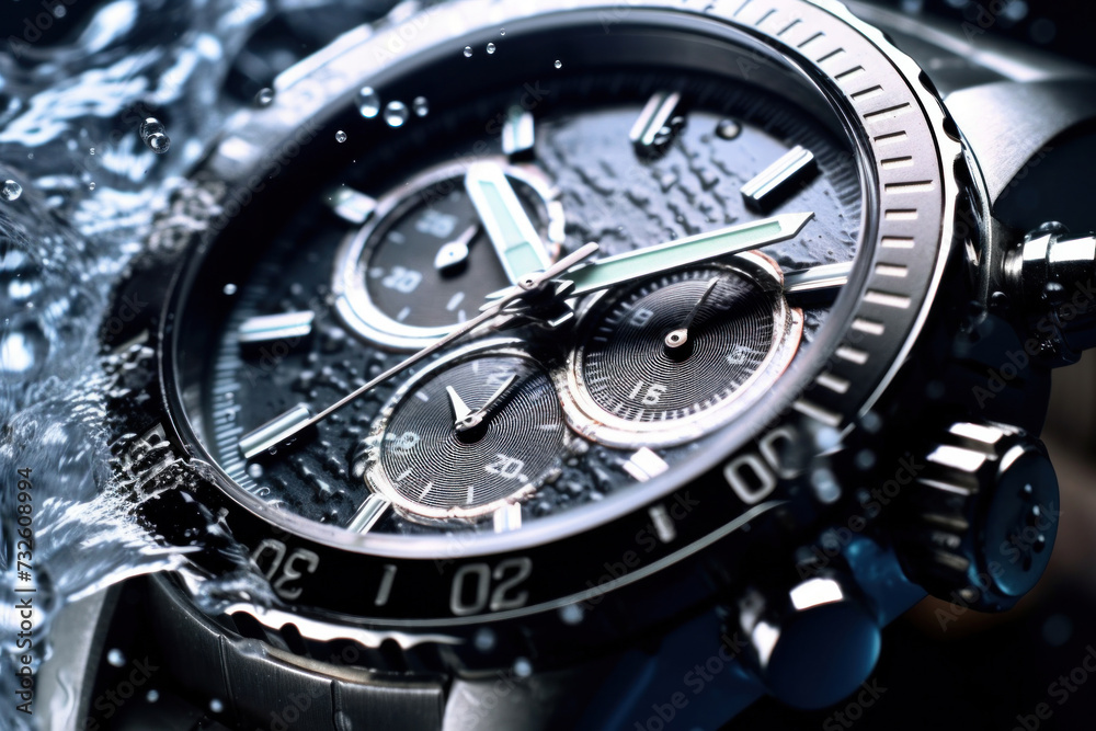 Close up of a Beautiful luxury fashionable silver men's watch with splashes of water Close up of a Beautiful luxury fashionable silver men's watch with splashes of water