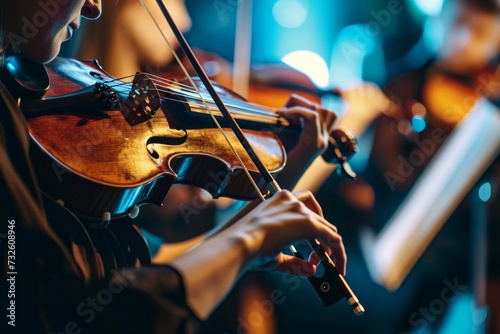 Talented musician playing violin cello in orchestra concert theatre opera musical talent skill classical music artistic performance string instrument intelligent person clear sound live show symphony