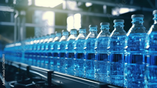 Close up of Drinking water factory, Bottles on a factory conveyor belt with Automatic line for packing drinking water into glass or plastic containers.