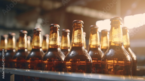 Close up of Brown bottles with beer moving on conveyor, Concept production line of brewery. © tong2530