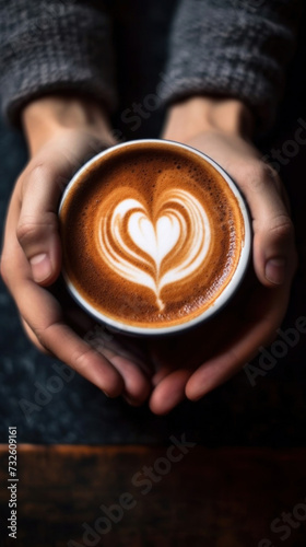 Close up of hands holding latte coffe flat lay view with a hearth shaped foam on it