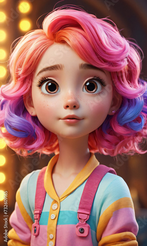 Cute little girl with colorful hair and big eyes looking at camera