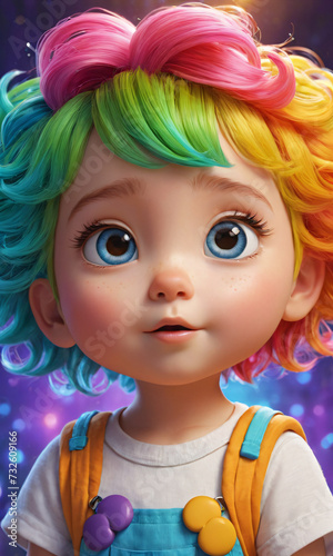 Cute little girl with colorful hair and big eyes looking at camera