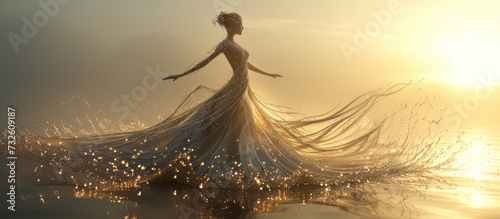 Goddess of fairy in magical dress walks on water, magical sea scene photo