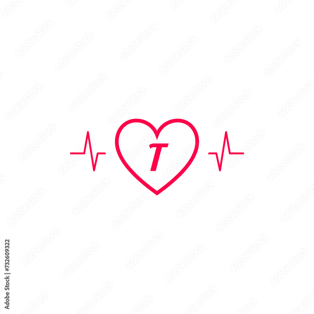 Letter T initial logo in a heart icon with a pulse wave
