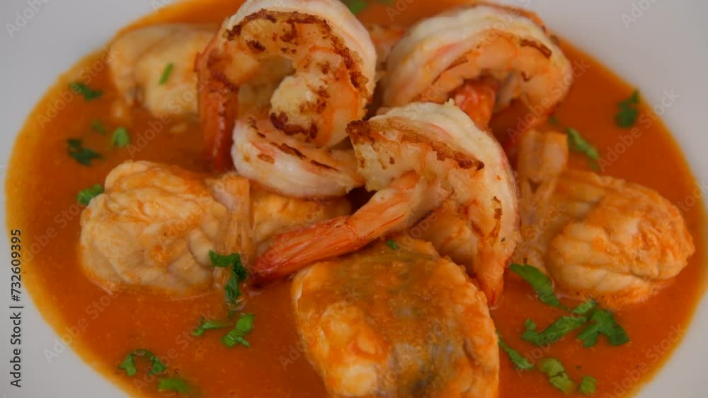 Recipe for Armorican-style monkfish tail, prawns, flambees with cognac, High quality video