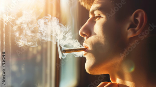Young man smoking marijuana joint near the window