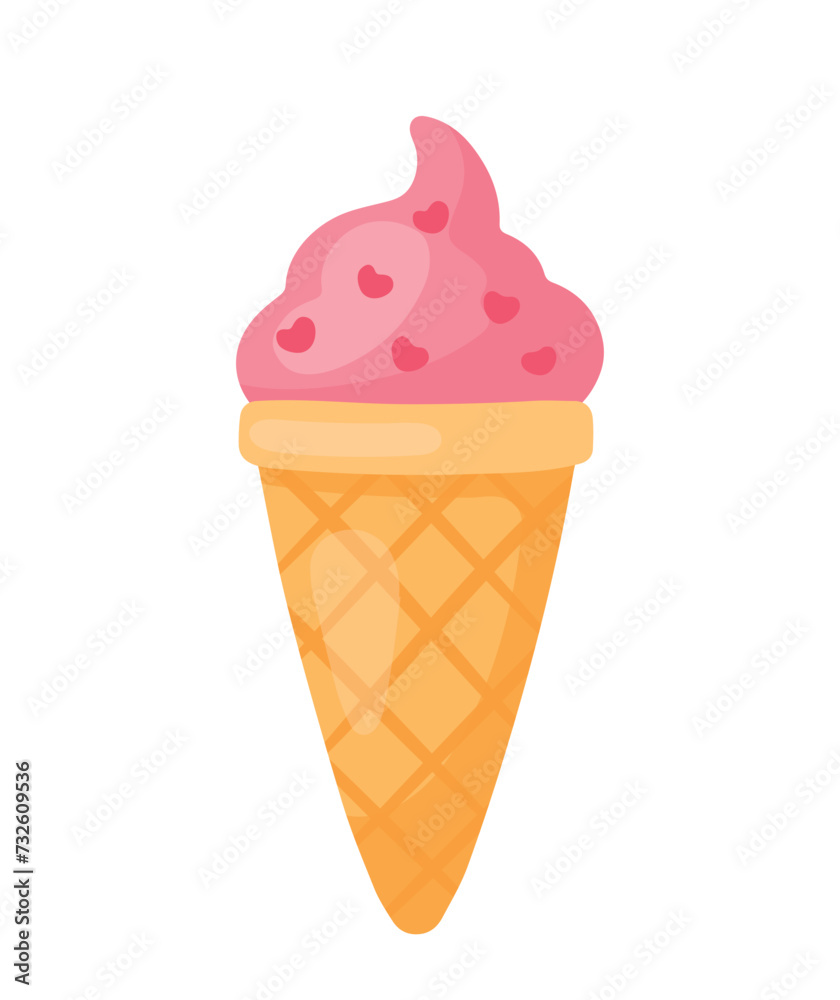 Strawberry Ice Cream with Heart Sprinkles for Valentines Food and Drink in Cute Cartoon Vector Illustration
