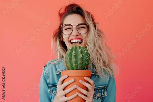 Excited positive young woman holding cactus in pot on background studio.