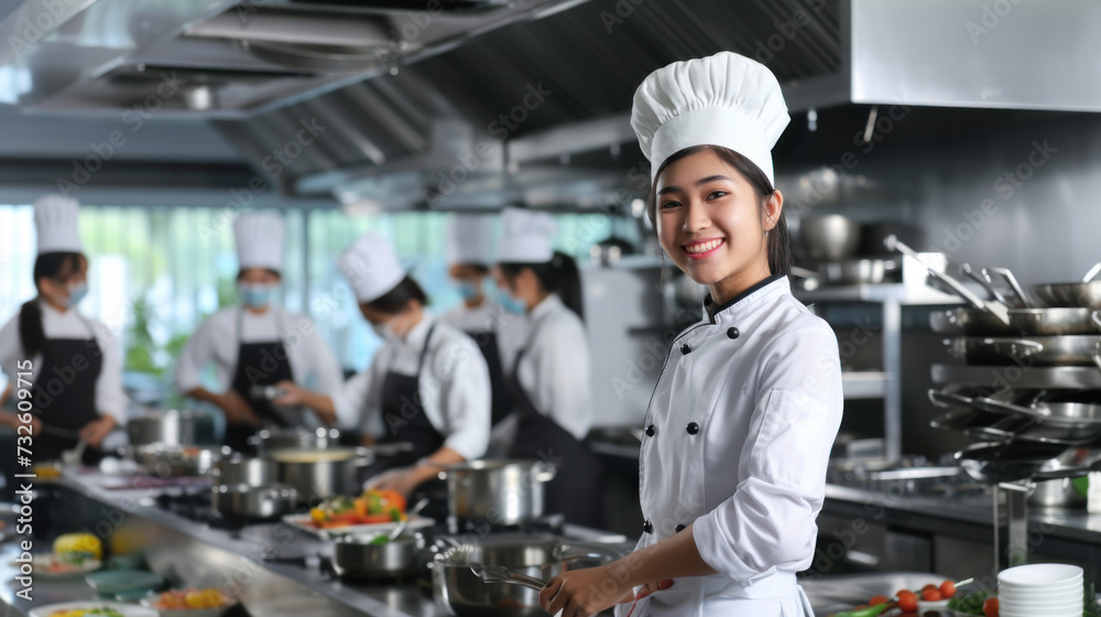 Young Asian female cook in commercial restaurant kitchen, team of chefs in the background