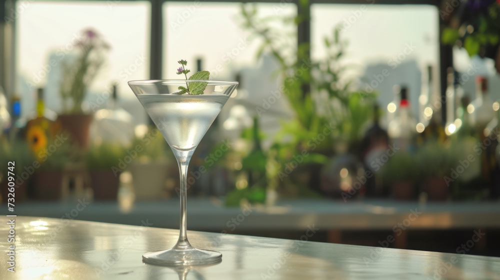 Cocktail glass with clear herbal infusion, aromatic herbs in the background Cocktail glass with clear herbal infusion, aromatic herbs in the background