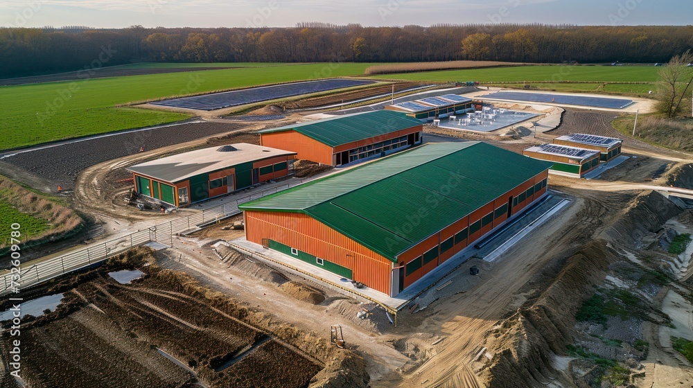 The Birth of a New Era in Pig Farming, Highlighted by a Drone Photo of a Pigsty with a Commitment to Animal Welfare, Biogas, and Solar Energy