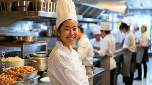 Young Asian female cook in professional restaurant kitchen, team of cooks in the background photo