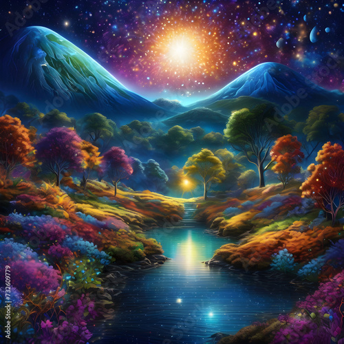  Vibrant Landscape Painting with River, Trees, and Mountains