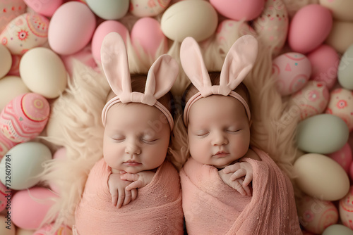 Newborn twin baby in bunny ears headband on background.