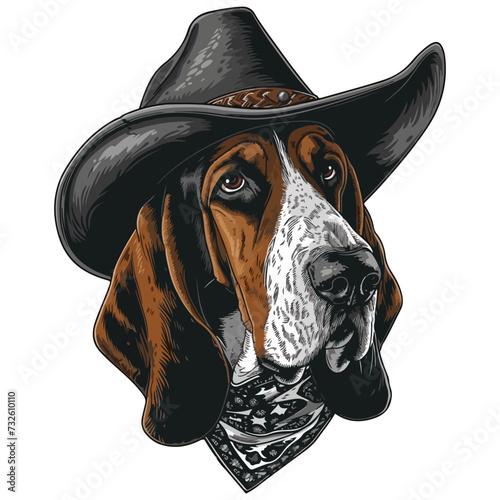 basset hound Dog Head wearing cowboy hat and bandana around neck