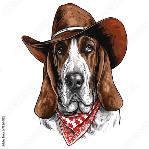 basset hound Dog Head wearing cowboy hat and bandana around neck