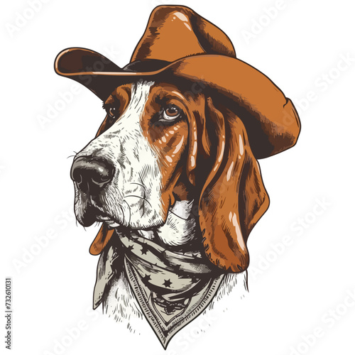 basset hound Dog Head wearing cowboy hat and bandana around neck