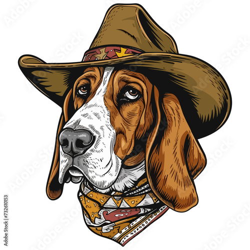 basset hound Dog Head wearing cowboy hat and bandana around neck