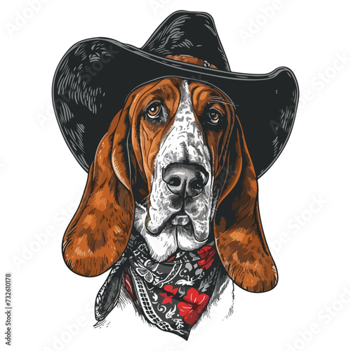 basset hound Dog Head wearing cowboy hat and bandana around neck