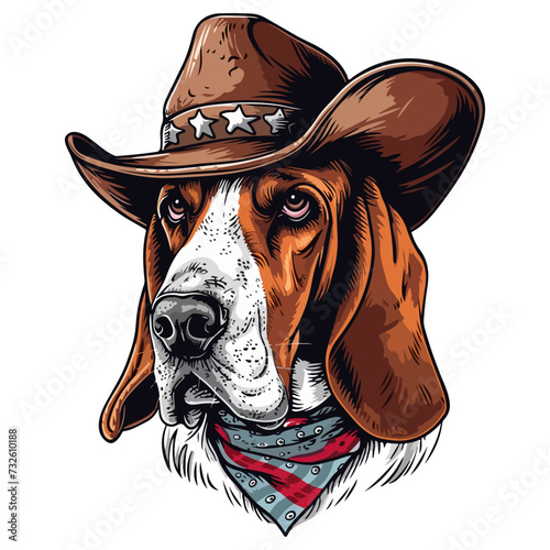 basset hound Dog Head wearing cowboy hat and bandana around neck