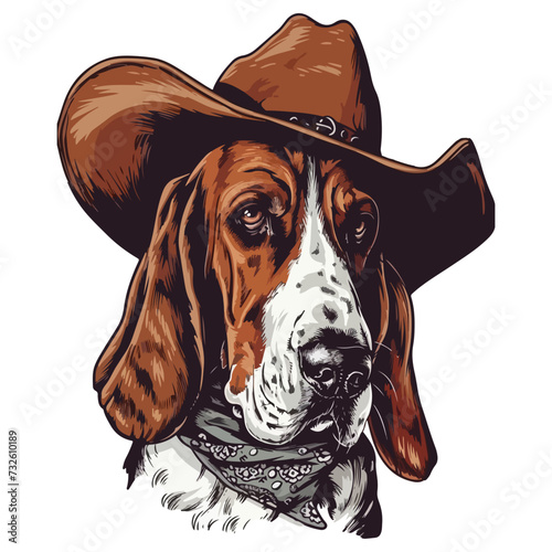 basset hound Dog Head wearing cowboy hat and bandana around neck