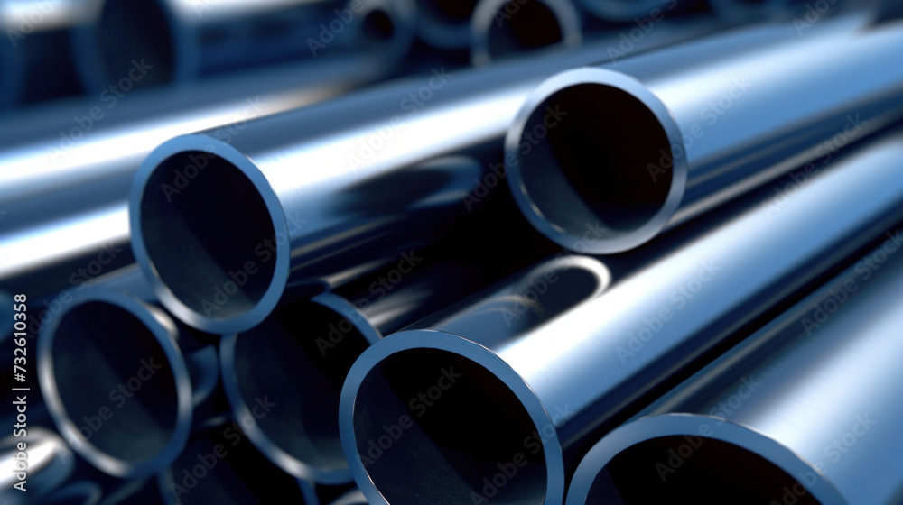 Close up of Several steel pipes in the style of dark silver and dark navy.. Close up of Several steel pipes in the style of dark silver and dark navy..
