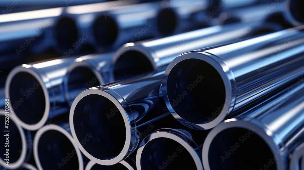 Close up of Several steel pipes in the style of dark silver and dark navy.. Close up of Several steel pipes in the style of dark silver and dark navy..