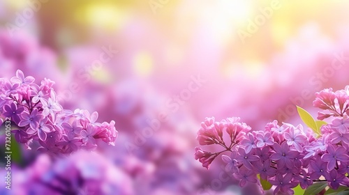 Beautiful blooming purple lilac bush with delicate blossoms and copy space in the background