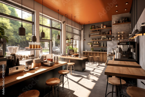 Design of a coffee shop with kitchen counter and sitting area.