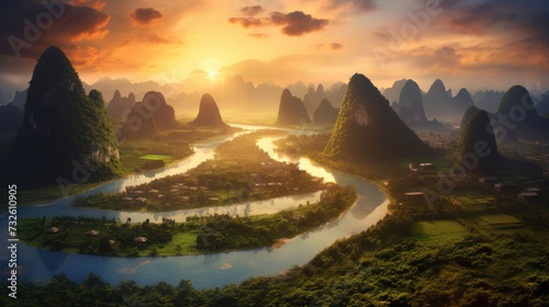 Guangxi region of China, Karst mountains and river Li in Guilin.