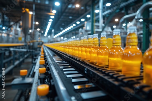 Bottles of Orange Juice on a Conveyor Belt