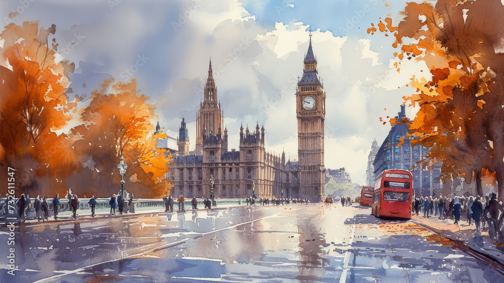 Watercolor painting of the streets of London - obrazy, fototapety, plakaty 