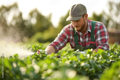 Man in Plaid Shirt and Hat Spraying Water on Plants