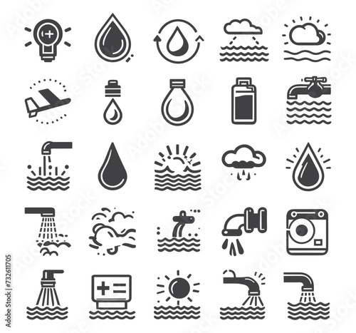 Editable vector pack of water icons. Water drops icon set. Editable vector pack of water line icons. A drop of water. Glass, magnifier, washing hands, shower. Vector illustration