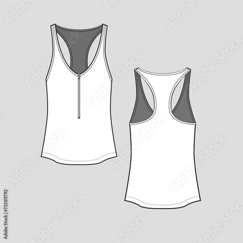 Zipper tank Top V Neck Racer Back  Fashion sketch  drawing template