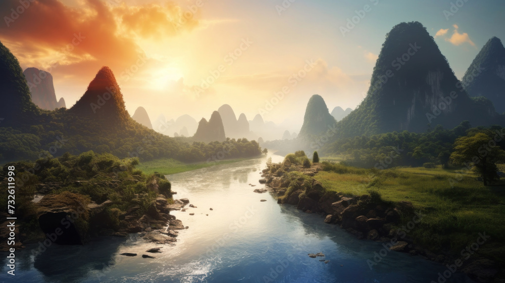Guangxi region of China, Karst mountains and river Li in Guilin. - obrazy, fototapety, plakaty 