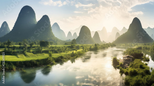Guangxi region of China, Karst mountains and river Li in Guilin. © tong2530