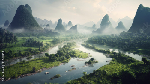 Guangxi region of China, Karst mountains and river Li in Guilin.