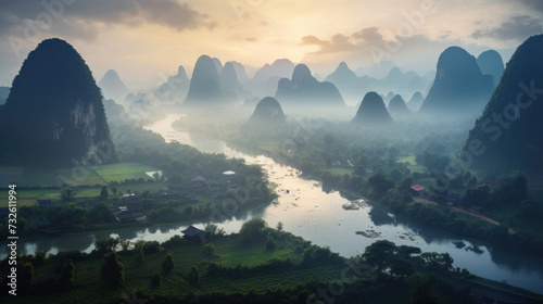 Guangxi region of China, Karst mountains and river Li in Guilin.